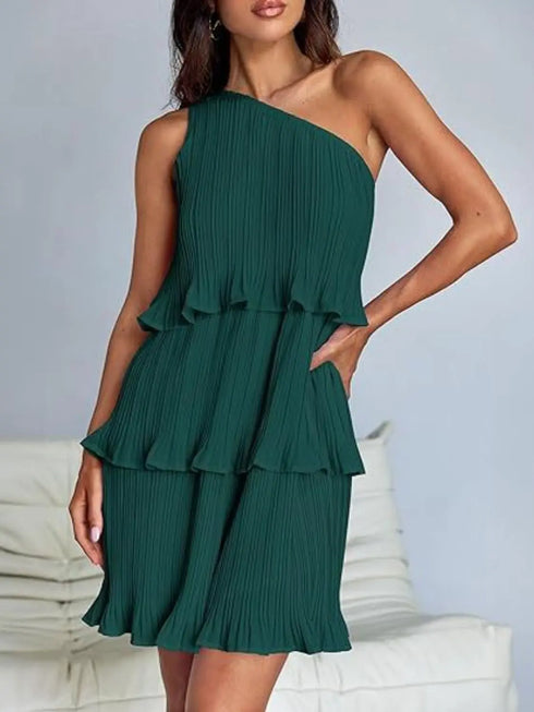'Hesper' Layered Single Shoulder Mini Dress - Celes Fashion